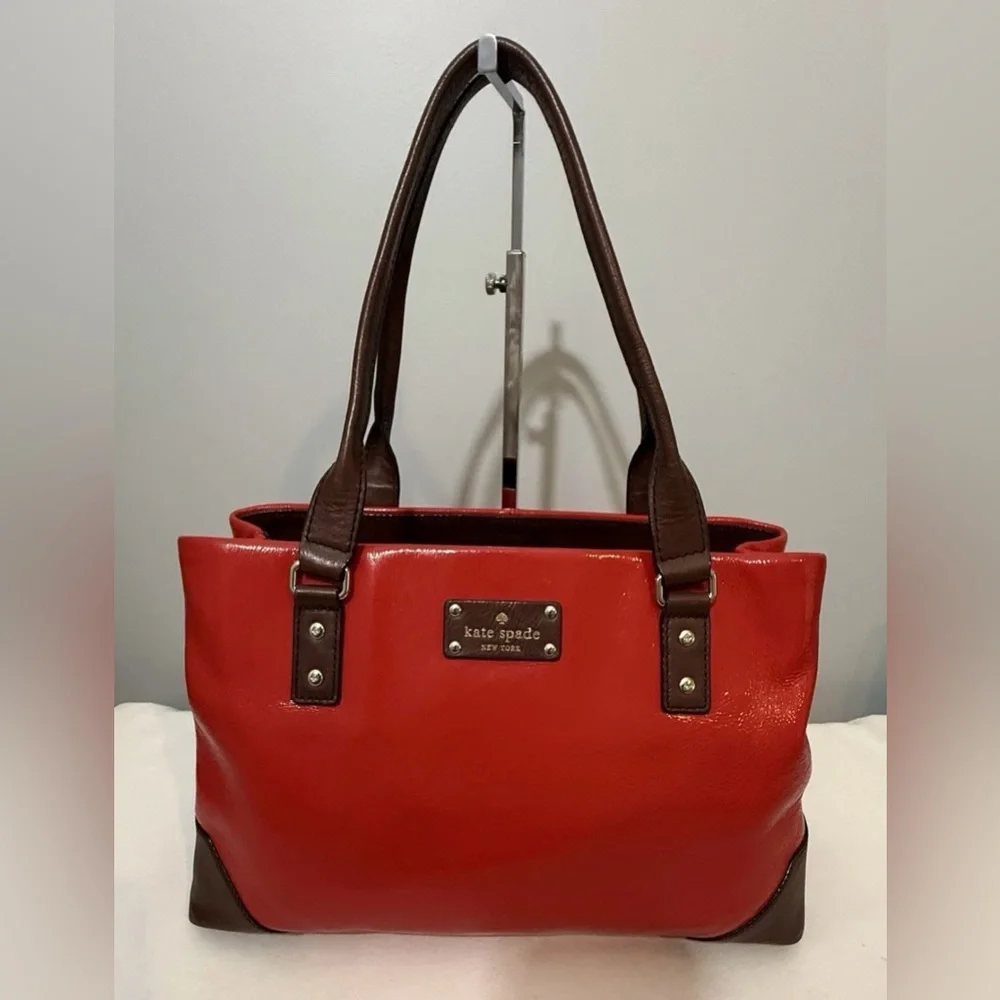 Kate Spade Patent Leather Cherry Red Tote Bag Brown Handles & Trim
